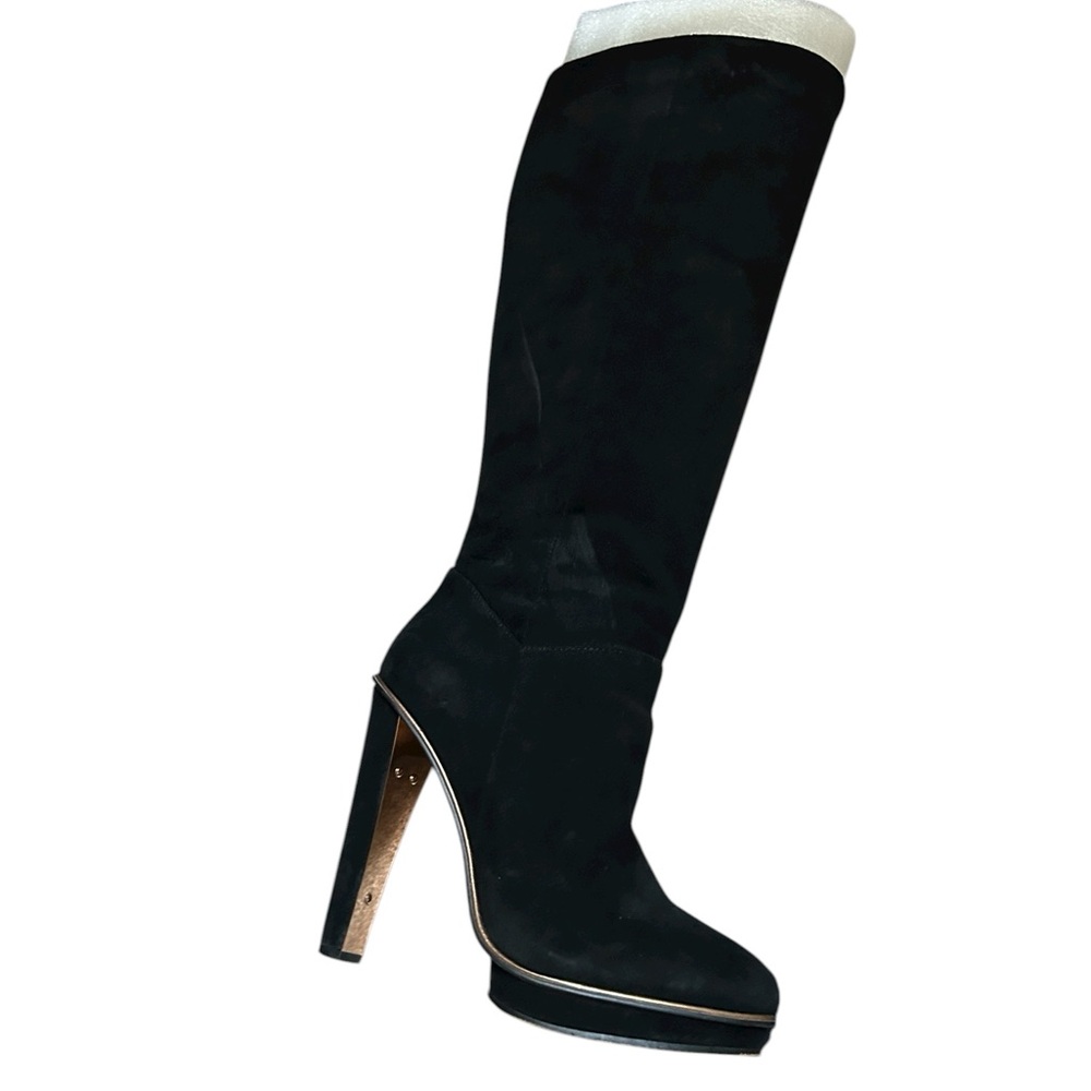 BCBGMaxAzria Elegant Black Suede Heeled Boots Trimmed with Gold Great Preowned - Picture 5 of 14